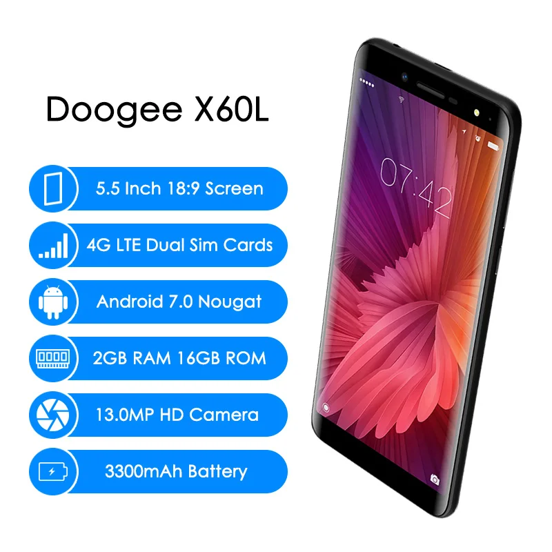 DOOGEE X60L 5 дюймов 18: 9HD Экран 3300 мА/ч 4G Смартфон 13 0 + 8 Мп 2 16 Гб мобильный телефон MTK6737V 4