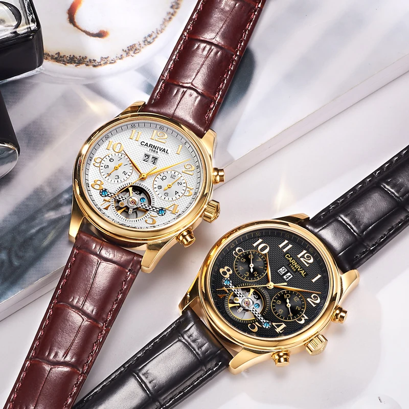 Часы Tourbillon Мужские модные деловые кожаные автоматические механические