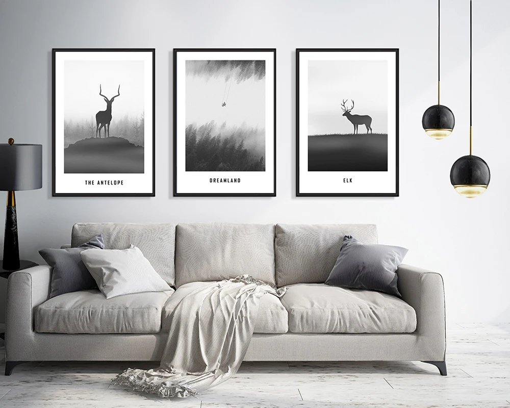 Художественная декоративная живопись простой стиль черно белая рамка с оленем