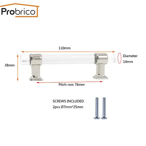 Silver-76mm Probrico, кухонный шкаф, прозрачные ручки, дверные ручки для ящиков, акриловые ручки для шкафа, шкаф для шкафа, тянет для мебельной фурнитуры, 1 шт - Цвет: Silver-76mm