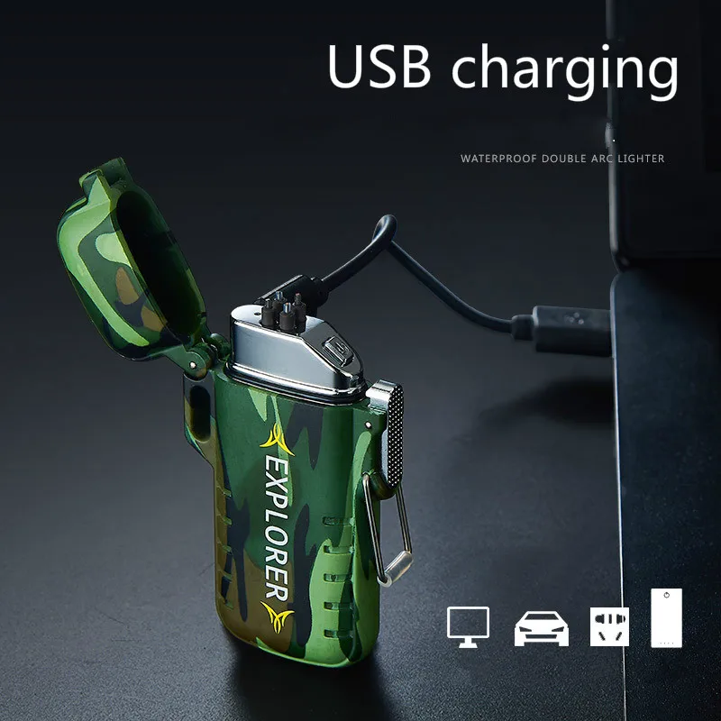 Водонепроницаемая USB плазменная Зажигалка двойная дуга для отдыха на открытом