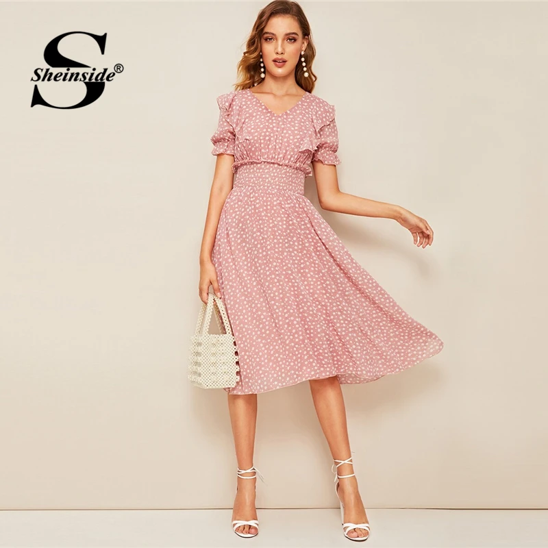Sheinside Boho платье с v-образным вырезом и цветочным принтом для женщин, лето, рукав-волан, высокая талия, трапециевидные платья, женское платье миди в стиле бохо