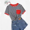 SHEIN Повседневная Полосатая Футболка Ranger с карманом и заплатками, женские топы, Летние Элегантные обычные женские футболки с коротким рукавом и круглым вырезом