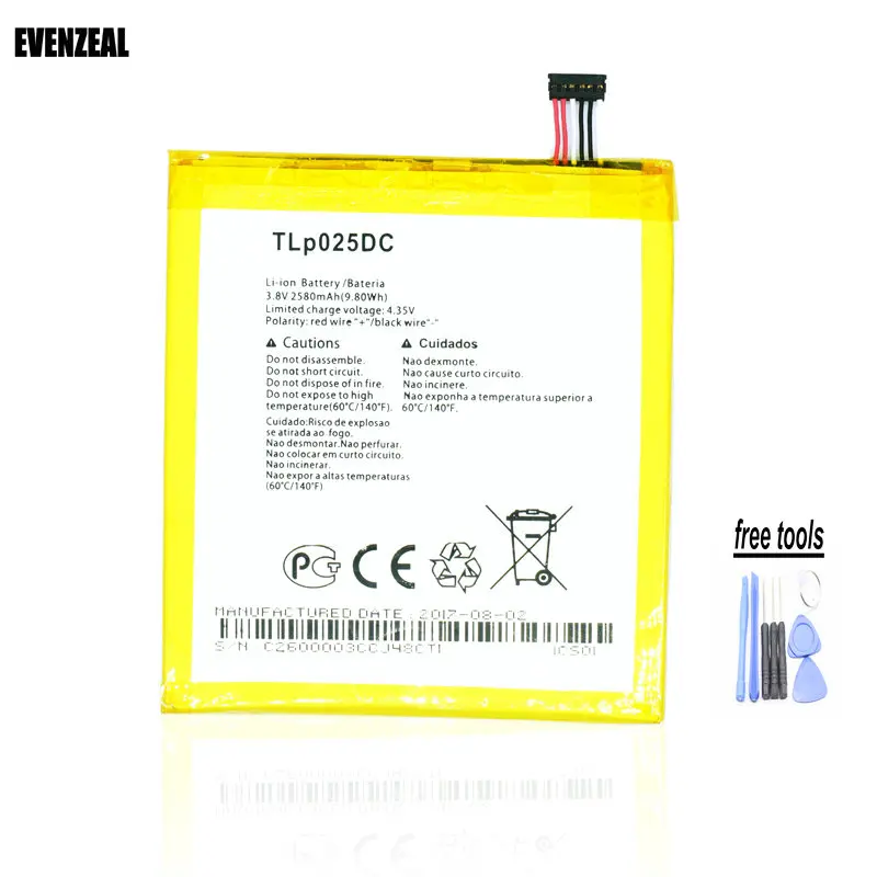 EVENZEAL 1 шт. 3 8 в аккумулятор для телефона Alcatel One Touch Pixi 4 6 0 OT 8050 8050D 9001D 9001A 9001X TLP025DC 2580mAh