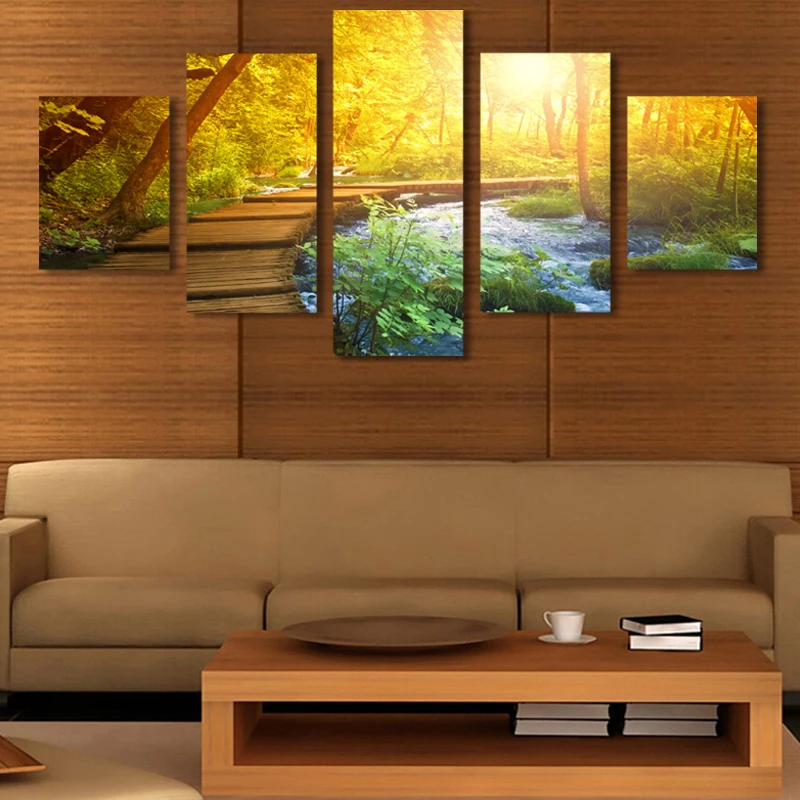 2017 Настоящая Горячая Распродажа Неоправленная 5 Частей Современного Холста Картины Декоративного Пейзажа Леса Заката Для Домашнего Декора.