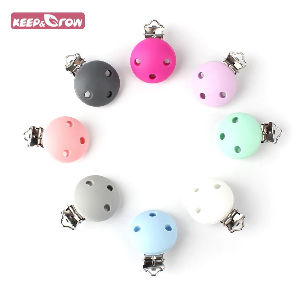 Keep grow 1Pcs Round Silicone Teether metal clip with 3 hole Pacifier silicone rodent DIY Baby Teether Necklace Pendant Clamp