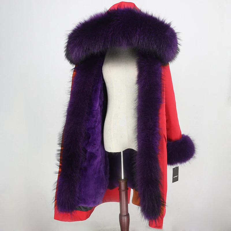 red purple OFTBUY Водонепроницаемый куртка-парка зимняя куртка Для женщин из натурального меха, пальто из натурального меха енота меховой воротник с капюшоном подкладка из натурального кроличьего меха с отсоединяемым - Цвет: red purple