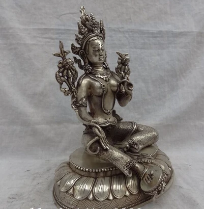 Free Shipping 002025 10&quot Tibet Silver Buddhist Style Bronze Lotus Green Tara Buddha Statue Sculpture | Дом и сад