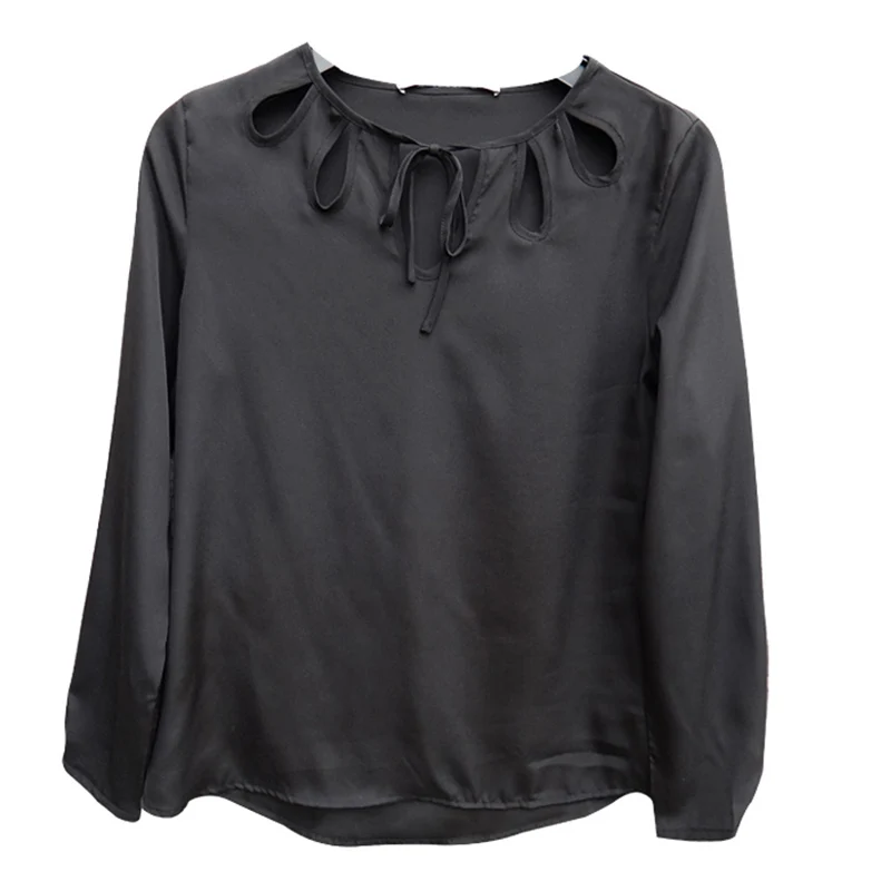 Lemon Hot 2018 Autumn Women Black Casual Design Chiffon Fashion Elegant Full Solid O-Neck Shirt For Lady |