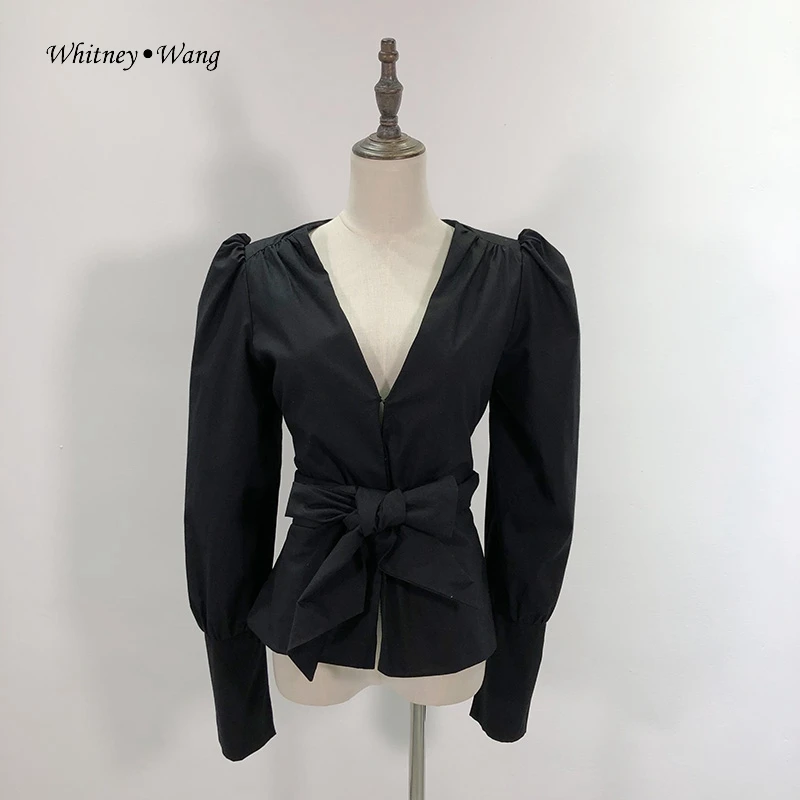 Женская уличная блузка WHITNEY WANG винтажный буф с длинным рукавом и глубоким