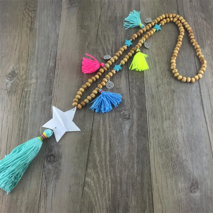 

New Fashion Wood Bead Black Tassel Real Shell Star Pendant Necklace For Women Party Jewelry Dropshipping