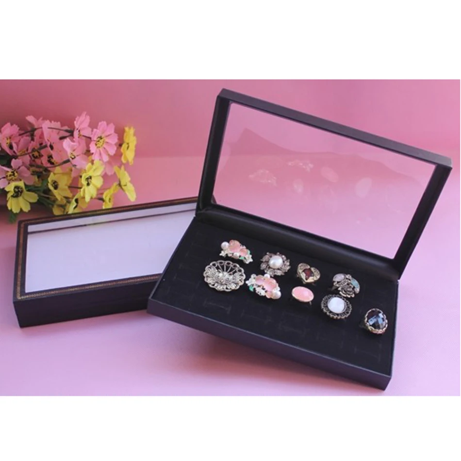 

36 Slots Rings Display Showcase Jewelry Box Velvet Insert Foam Jewelry Storage Organizer Holder Show Case Black