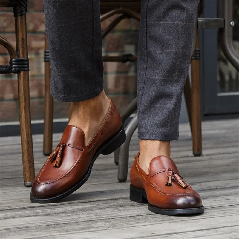 KRUSDAN New Tassel Men Genuine Leather Handmade Slippers Dress Shoes Business Wedding Men's Loafers British Smoking Flats | Обувь