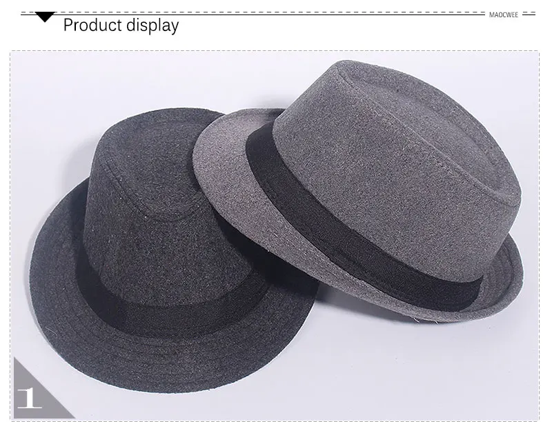 Gray Black Fedora Hat Classical Wide Brim Hat Men Solid Men's Dad Vintage Top Jazz Hat Autumn Winter Bowler Sombrero Felt Cap