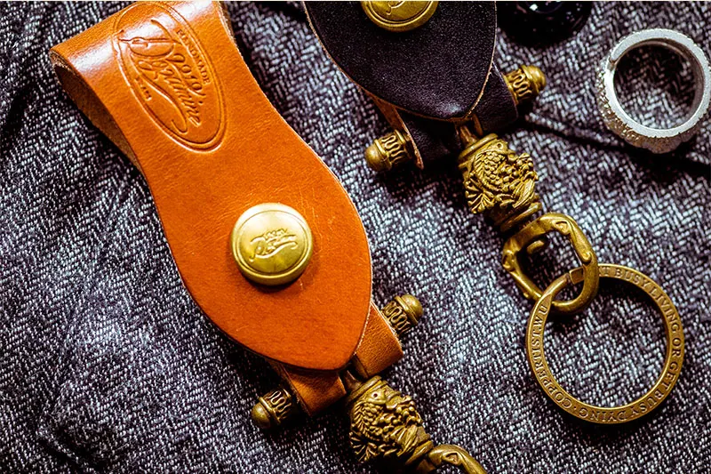 Coppertist. wu благоприятный Карп кожаный брелок латунный брелок для ключей ручной работы Золотое модное кольцо для ключей с сумочкой кулон ручной работы