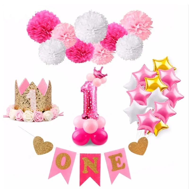 Синий Розовый 1 год День рождения украшения один ребенок голубой порошок шар это
