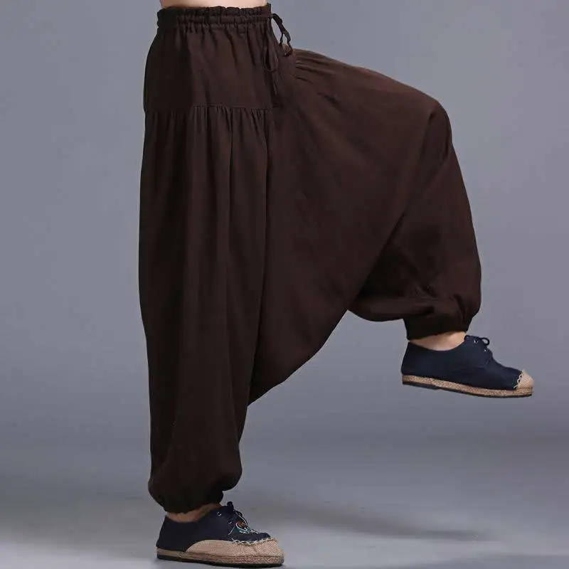 

Для Мужчин's Винтаж из хлопка и льна хиппи, бохо, с рисунком "Аладдин", штаны-шаровары с широкими штанинами ниндзя брюки Повседневное Непал Дл...