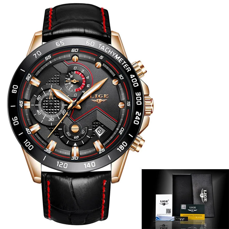 rose gold black Relogio Masculino LIGE мужские часы Топ люксовый бренд Кварцевые Золотые часы мужские модные кожаные военные водонепроницаемые спортивные наручные часы - Цвет: rose gold black