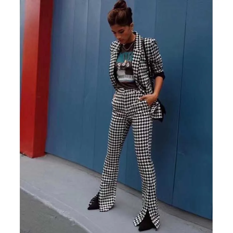 Оптовая продажа новый женский костюм черно-белый жаккардовый топ с длинными