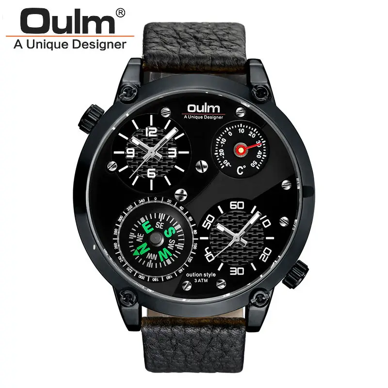 

mens watches top brand luxury oulm military thermometer compass design sport 2 time zone double movement quartz waterproof watch