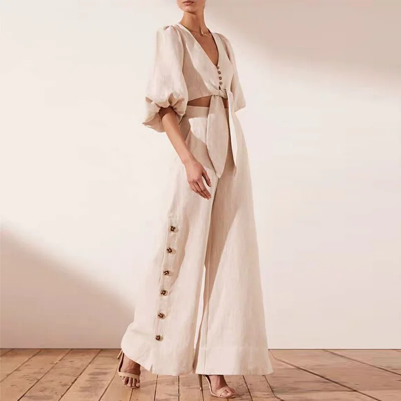 Тан 2019 Весна Boho винтажный костюм короткая рубашка + Высокая талия хлопок широкие