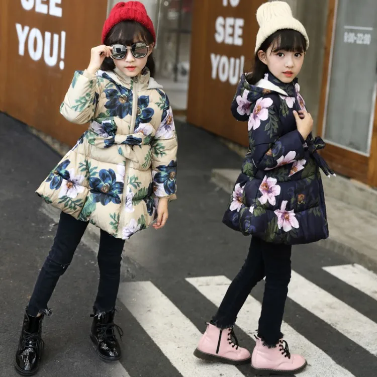 Winter 2018 coat Kid Baby Girl Floral Print Hooded Jacket Girls Kids Padded Long Sleeve Bow Casual Children's Outerwear | Детская