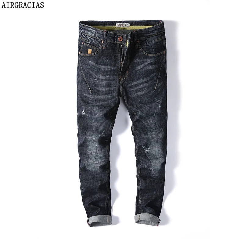 

AIRGRACIAS Men Jeans 98% Cotton Thick Classic Stretch Jean Dark Blue Male Denim Long Pants Trousers Autumn Men 32 33 34 36 38 40