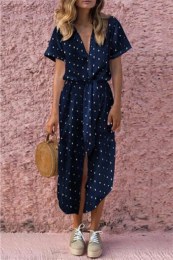 Sexy Casual Daily Bow Tie V Neck Dot Button Dress Short Sleeve Long Women Vestido Midi Plus Size 50j372 | Женская одежда