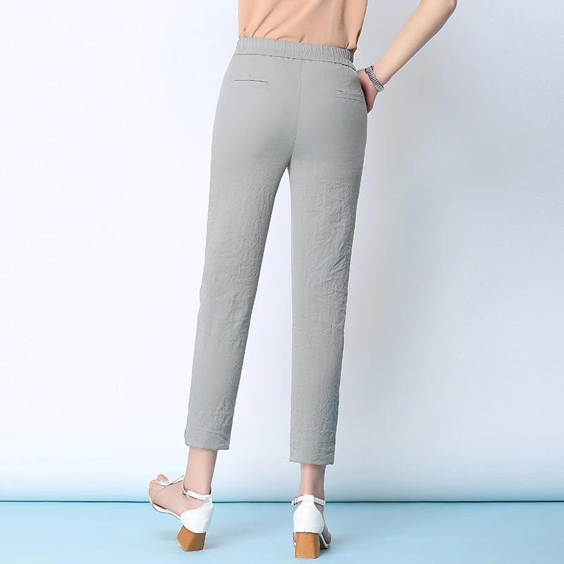WKOUD/Большие размеры женские узкие брюки с высокой талией хлопковые льняные