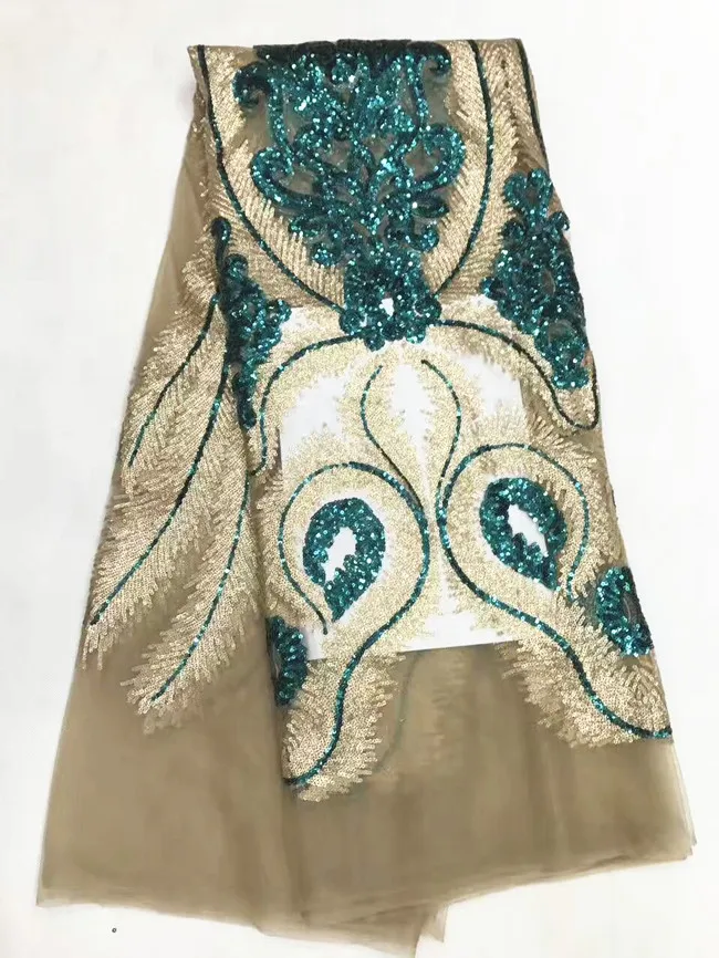 5 Y/pc New fashion brown french net lace fabric with royal blue and gold sequins decoration african mesh for clothes LJ23-7 | Дом и сад