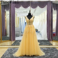 janevini vestidos yellow v neck women evening dress beaded lace illusion godmother mother of the bride dresses 2018 sweep train