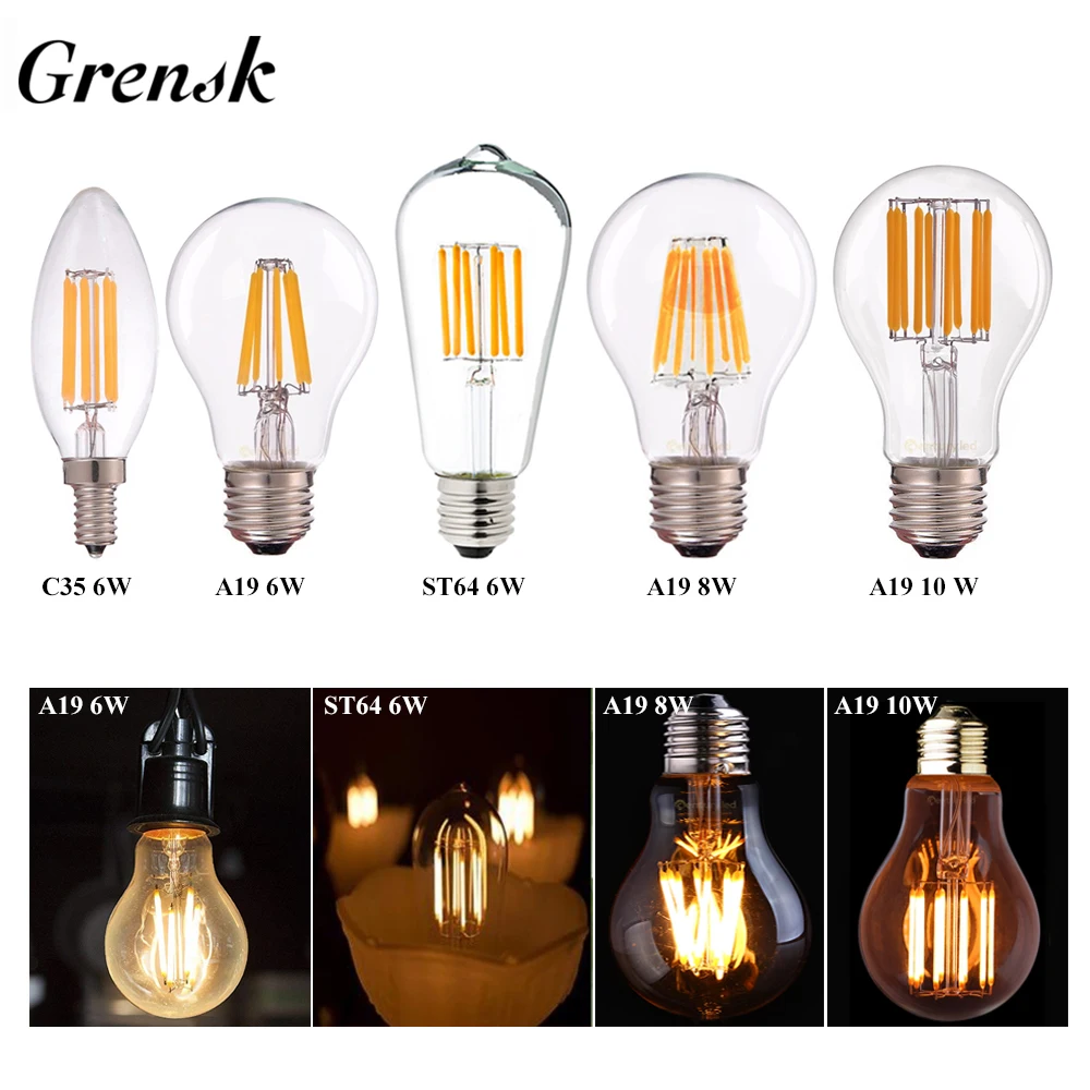 Диммисветодиодный светодиодная лампочка Grensk E27 E14 C22T C35 T25 G45 G80 G95 G125 ST64 A19 2 Вт 4 6 8 10