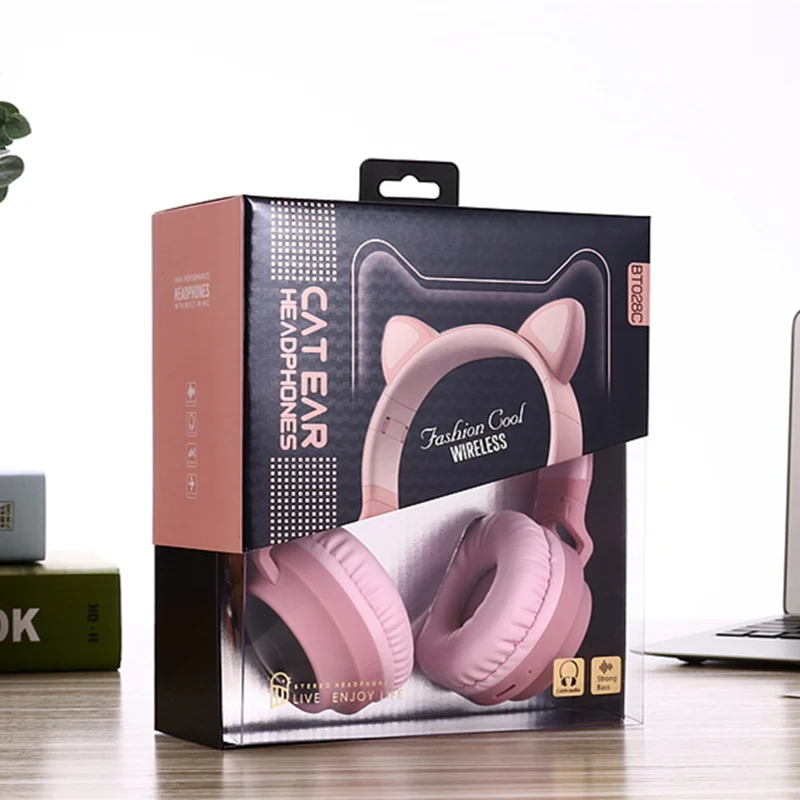 Pink with retail box Dosmix светодиодный кошачьи наушники с шумоподавлением, Bluetooth 5,0, детская гарнитура, поддержка TF карты, разъем 3,5 мм, с микрофоном - Цвет: Pink with retail box