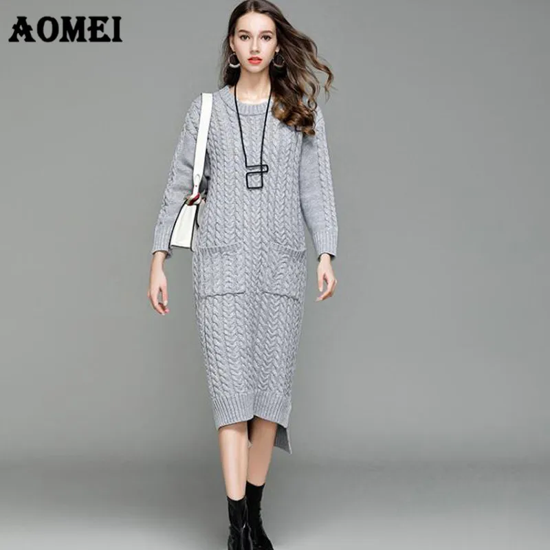 Oversized Sweater Midi Irregular Dresses with Pocket Twisted Ribbed Jumper Tunic Fashion Knitted Split PulloverBlack Grey Color | Женская