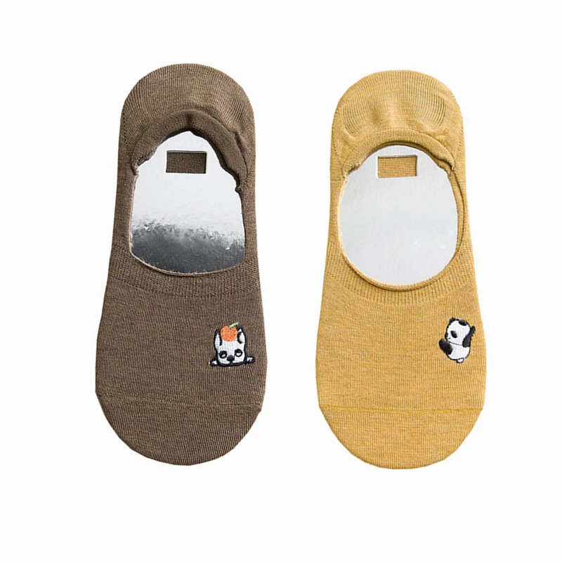 panda socks 2 пары, забавные женские хлопковые носки с динозавром, котом, полярным медведем, смайликом, без шоу, невидимые носки, Нескользящие лоферы с подкладкой, с рисунком - Цвет: panda socks