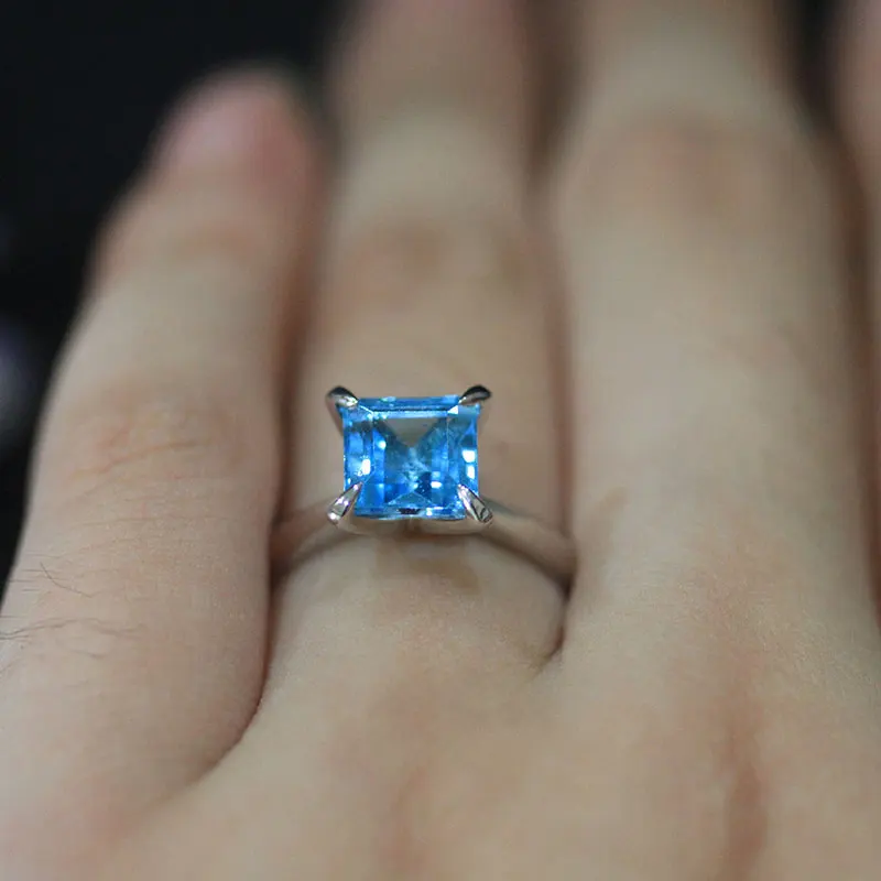

DUPUY Blue Topaz Engagement Rings Women Classic 14K White Gold Bridal Rings 7mm 1.2ct Princess Cut Wedding Bands D180331