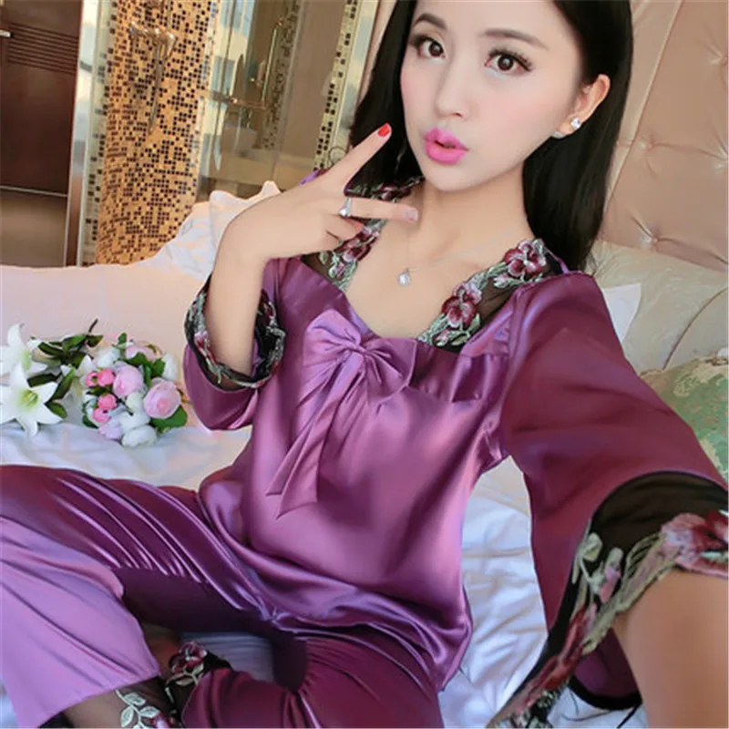 2018 Весна Лето Осень шелковые женские пижамы наборы &amp шорты для сна Дамская