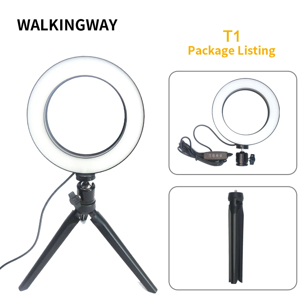 Черный WalkingWay 6 дюймов светодиодная кольцевая лампа для макияжа USB портативная селфи лампа штатив Стенд фотографическое освещение для Youtube видео live - Цвет: Черный