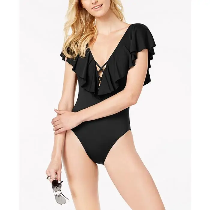 Женский цельный купальник сексуальный с воланом Одноцветный v образным вырезом