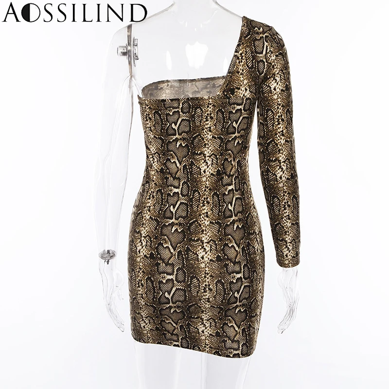 AOSSILIND пикантные змеиный принт Облегающее с открытым плечом вечерние платье осень