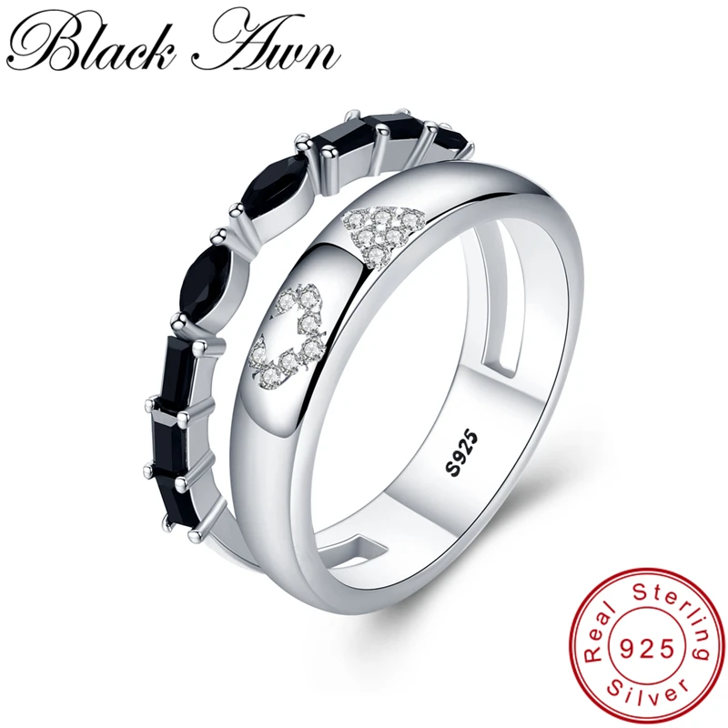 

[BLACK AWN] 925 Sterling Silver Jewelry Trendy Elegant Finger Ring Black Spinel Hollow Rings for Women G054