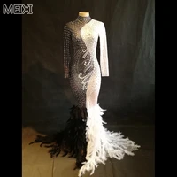 luxury black and white feather tail rhinestone elastic one piece dress bar nightclub concert singer dancer costume