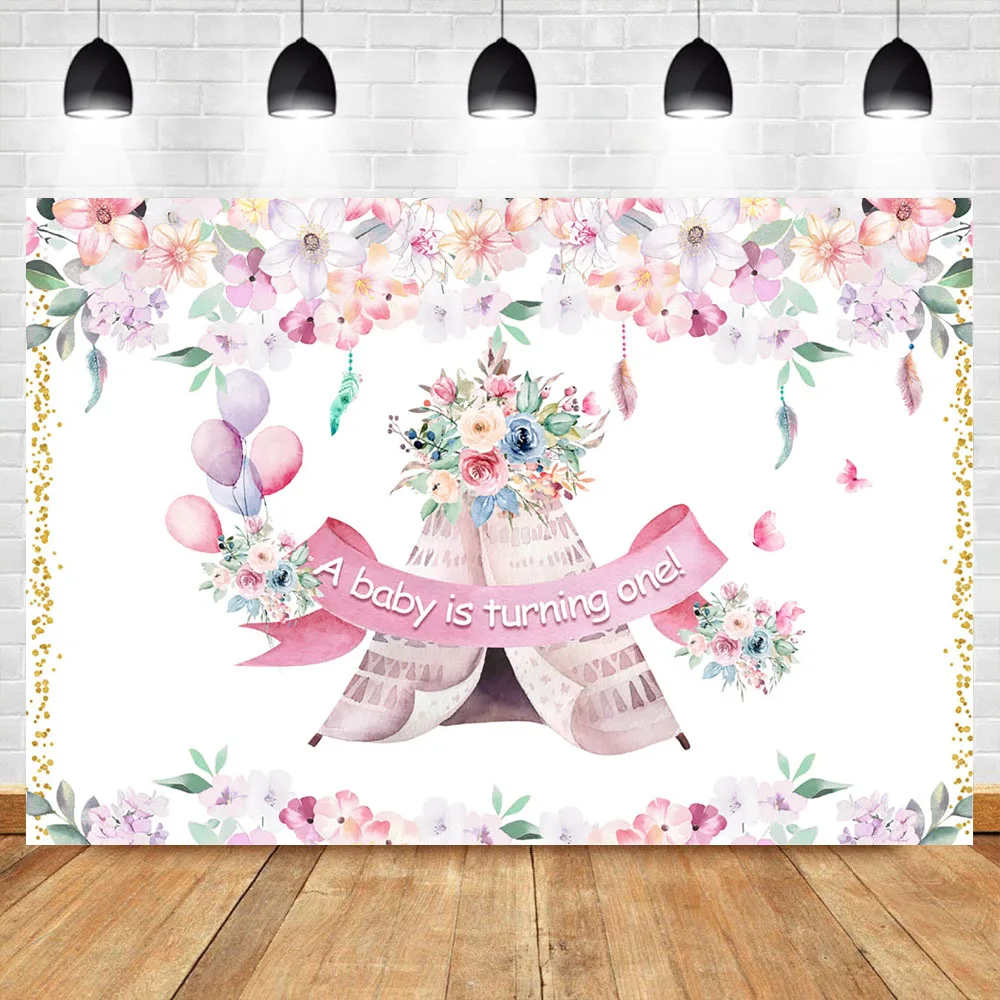 Neoback Baby Shower Backdrop Flower Boho Teepee фон для фотосъемки с розовым цветком и воздушным шаром
