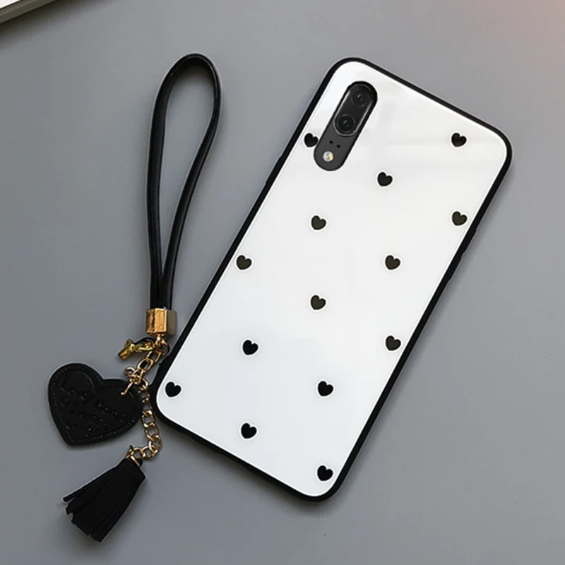 white BONVAN для Xiaomi Redmi Note 7 Чехол из закаленного стекла чехол с сердечком для Redmi 7 Funda on note 7 Pro Чехол с кисточками и ремешком для телефона s - Цвет: white