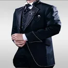 Темно-синий Длинный блейзер на одной пуговице смокинги для жениха Мужские костюмы для свадьбы вечеринки выпускного 2020 (пиджак + брюки + жилет + галстук) на заказ плюс