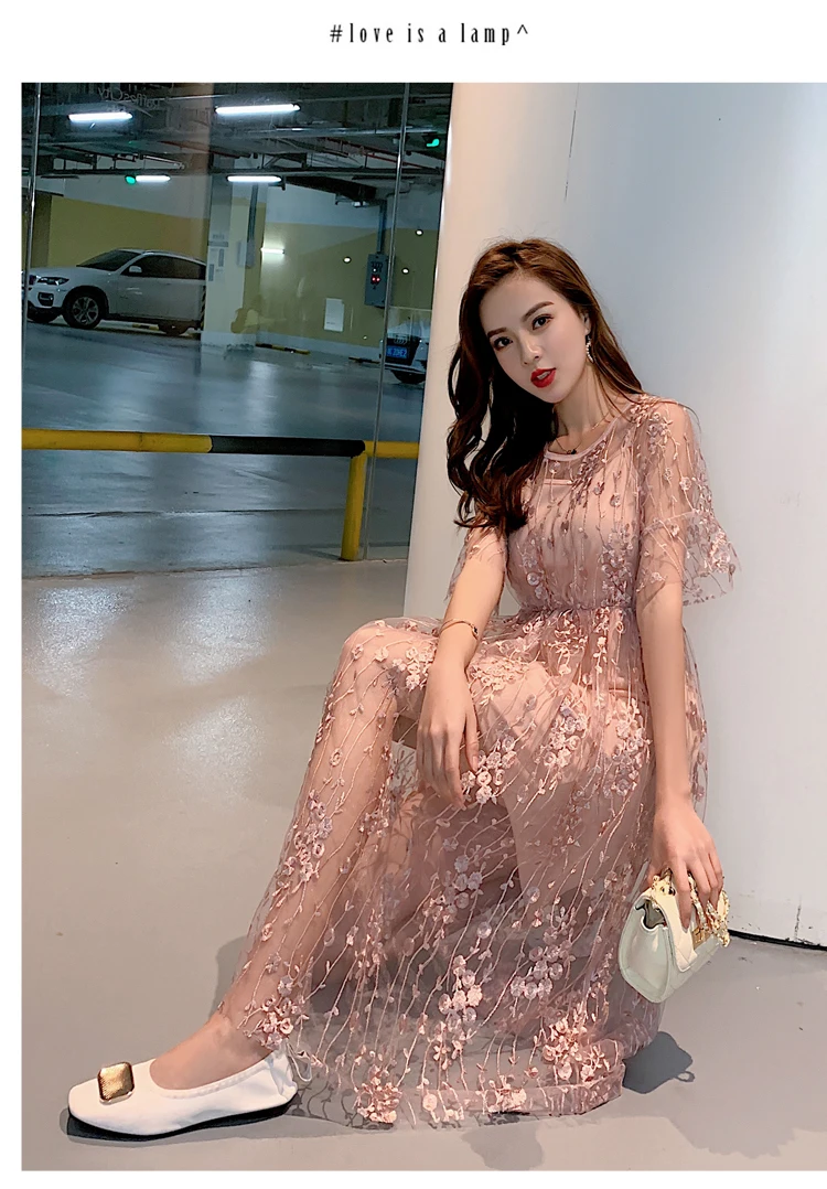 Comelsexy модная женская цветочная вышивка с сеткой Платье летнее с коротким рукавом платье с цветочным рисунком элегантные с эластичной талией вечерние платья для пляжа