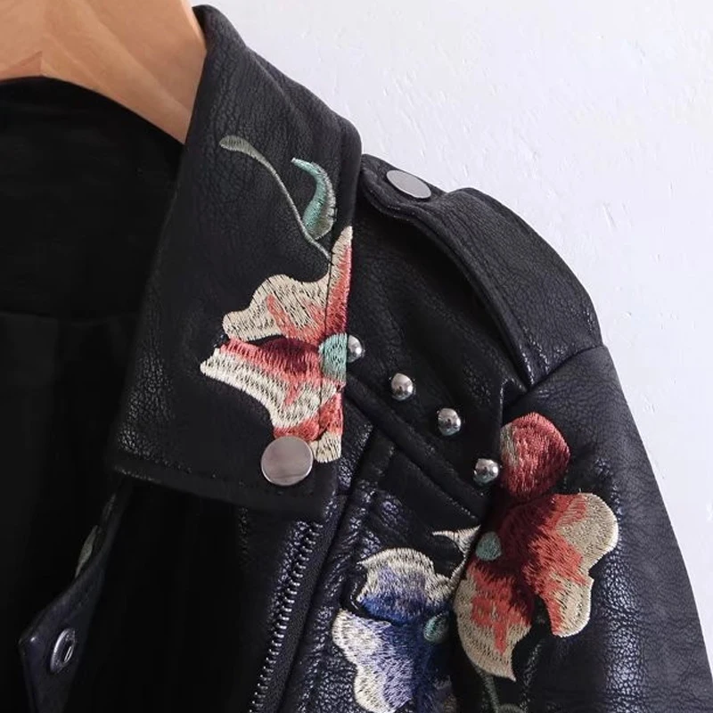 SCQP черный цветочный Вышивка Для женщин кожаная куртка весна длинным рукавом