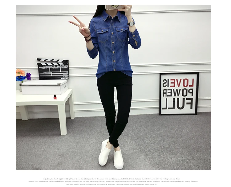 Fashion Spring Autumn women cotton pocket Turn-down Collar full-sleeve blouse Single Breasted blue Denim shirt casual tops