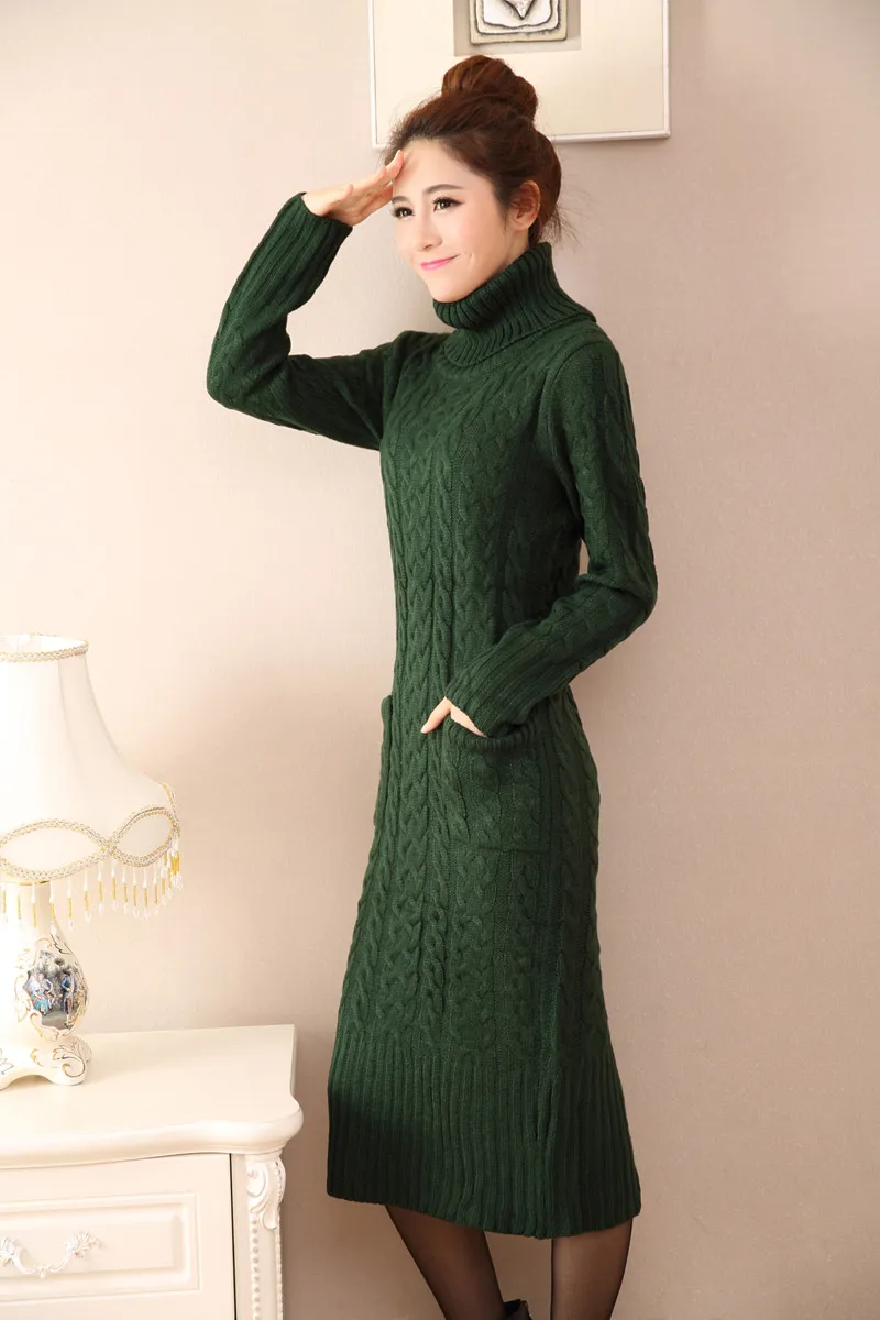 dark green style 1 Осенне-зимний свитер с высоким воротом, Женский вязаный пуловер с разрезом, длинный свитер, платье, Pull Femme, толстый свитер, пуловеры, платье C3685 - Цвет: dark green style 1