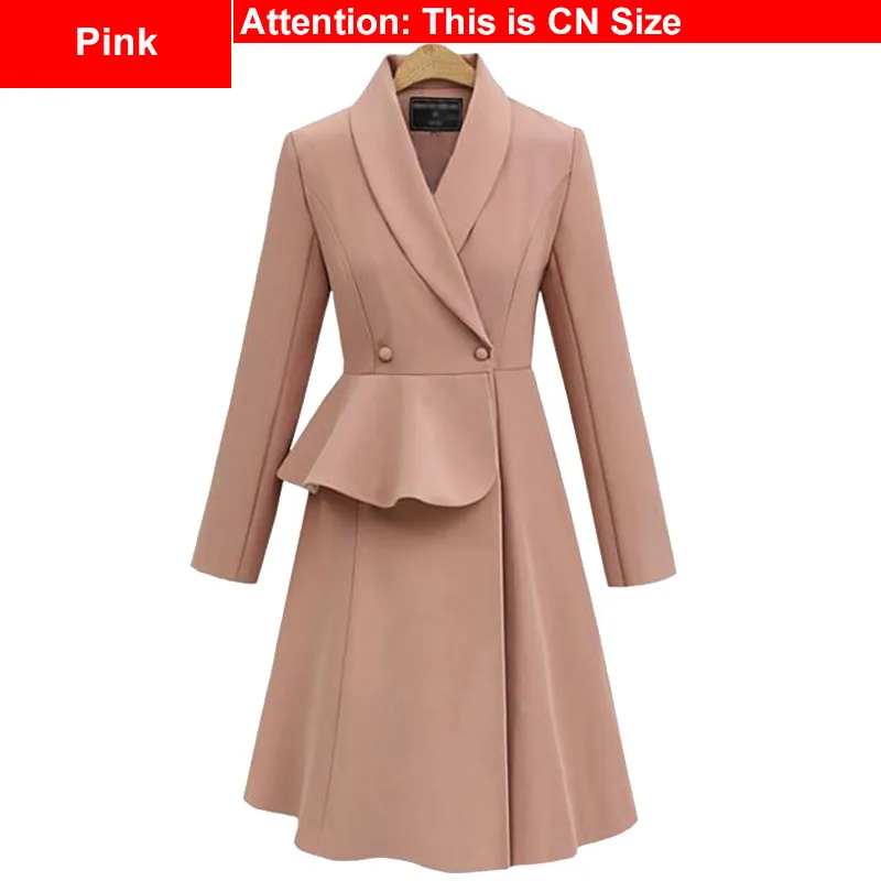 Pink Тренч размера плюс в европейском стиле с оборками на талии 3Xl 4Xl Весенняя уличная одежда двубортный женский длинный рукав длинное платье пальто - Цвет: Pink